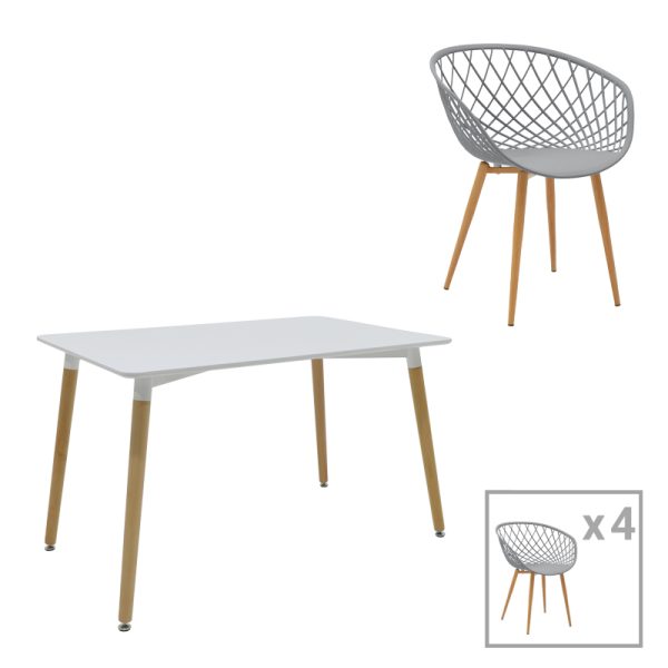 200 001000 Ezra-Natali pakoworld dining table set of 5 pp-mdf in grey-white color with natural legs 120x80x76cmIndoor furniture > Dinning sets