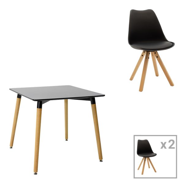 200 001165 Dining table set of 3 pieces Natali-Caron pakoworld mdf in black--natural color 80x80x76cmIndoor furniture > Dinning sets