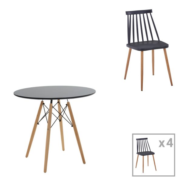 200 001179 Dining table set of 5 pieces Julita-Aurora I pakoworld in black-natural color D80x73cmIndoor furniture > Dinning sets
