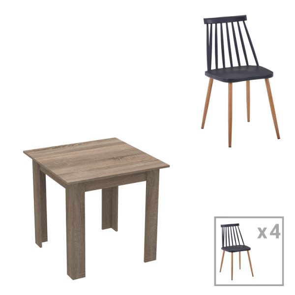 200 001187 Dining table Chloe-Aurora I pakoworld set of 5 pieces glass 8mm anthracite - natural-black leg 120x70x75cmIndoor furniture > Dinning sets