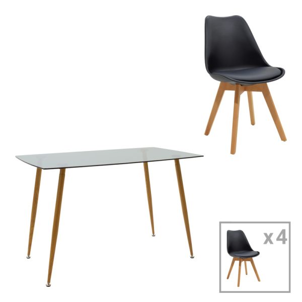 200 001193 Chloe -Gaston pakoworld dining table set of 5 pieces, 8mm anthracite glass - natural leg 120x70x75cmIndoor furniture > Dinning sets
