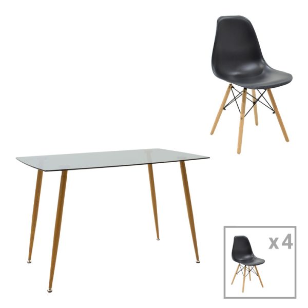 200 001202 Chloe-Julita pakoworld dining table set of 5 pieces, 8mm anthracite glass - natural leg 120x70x75cmIndoor furniture > Dinning sets