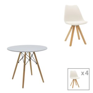 200 001219 Julita-Caron pakoworld dining table set of 5 white MDF-natural legs Φ80x73cmIndoor furniture > Dinning sets