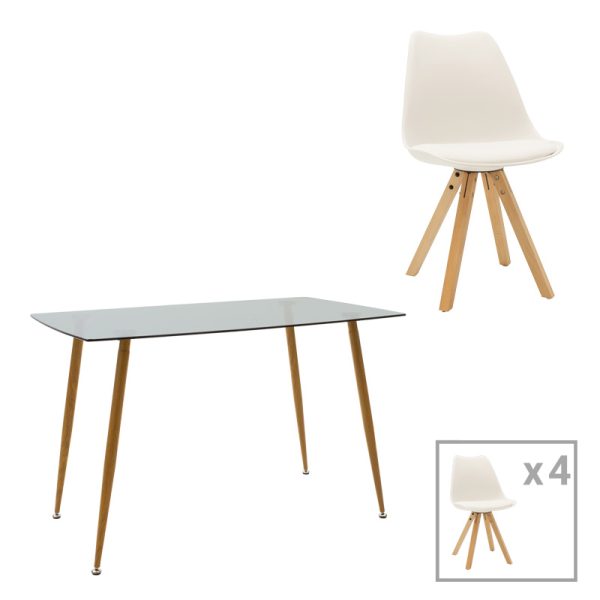 200 001236 Chloe-Caron pakoworld dining table set of 5 pieces, 8mm anthracite glass - natural leg 120x70x75cmIndoor furniture > Dinning sets