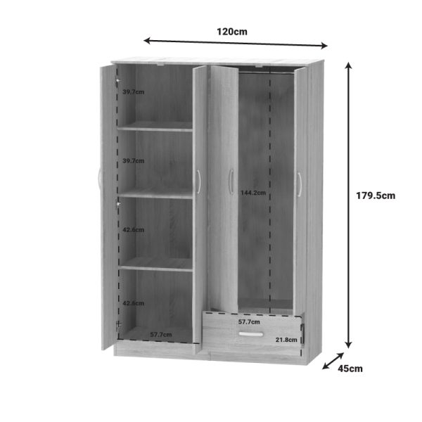 248 000022 3 Four-leaf wardrobe Karter pakoworld sonoma melamine 121x48x180cmIndoor furniture > Wardrobes