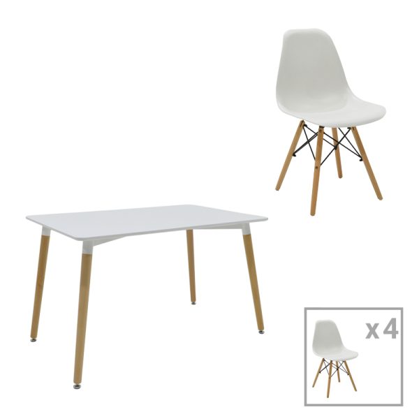 271 000028 Dining table Natali-Julita set of 5 pakoworld MDF and pp in white-natural shade 120x80x76cmIndoor furniture > Dinning sets