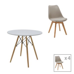 271 000032 Julita-Gaston dining table set of 5 pakoworld MDF and beech wood in gray-white-natural shade D80x73cmIndoor furniture > Dinning sets