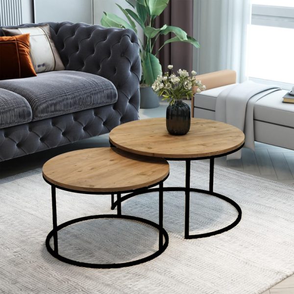321 000078 2 Coffee tables Solme pakoworld set 2pcs natural melamine-black metalIndoor furniture > Coffee tables