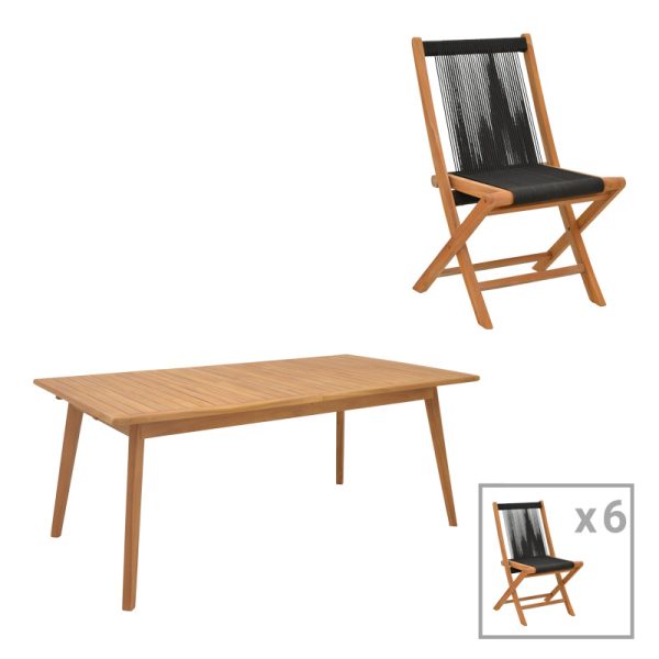 340 000026 Dining set 7 pcs Banou-Pino pakoworld teak wood in natural - black shade 180/240x100x75cmOutdoor furniture > Garden food table
