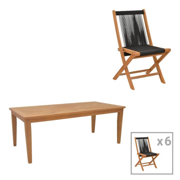 340 000030 Dining set 7pcs Banou-Mady pakoworld teak wood in natural-black shade 200x100x75cmOutdoor furniture > Garden food table