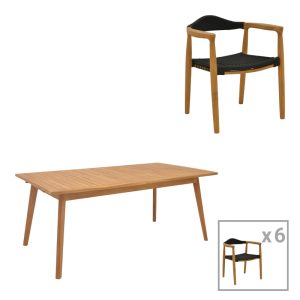 340 000032 Dining set 7 pcs Ganny-Pino pakoworld teak wood in natural - black shade 180/240x100x75cmOutdoor furniture > Garden food table