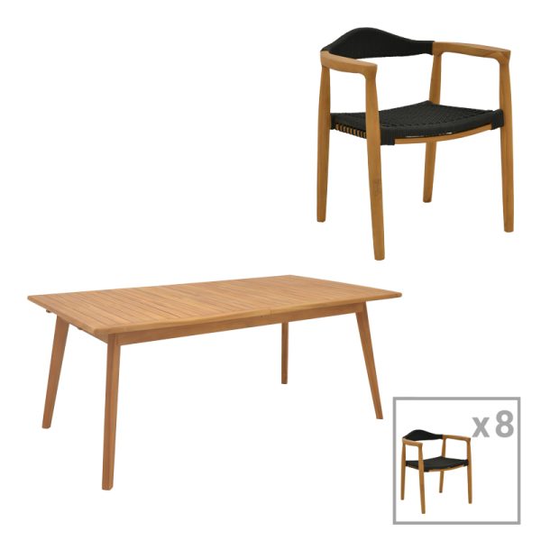 340 000040 Dining set 9 pcs Ganny-Pino pakoworld teak wood in natural - black shade 180/240x100x75cmOutdoor furniture > Garden food table
