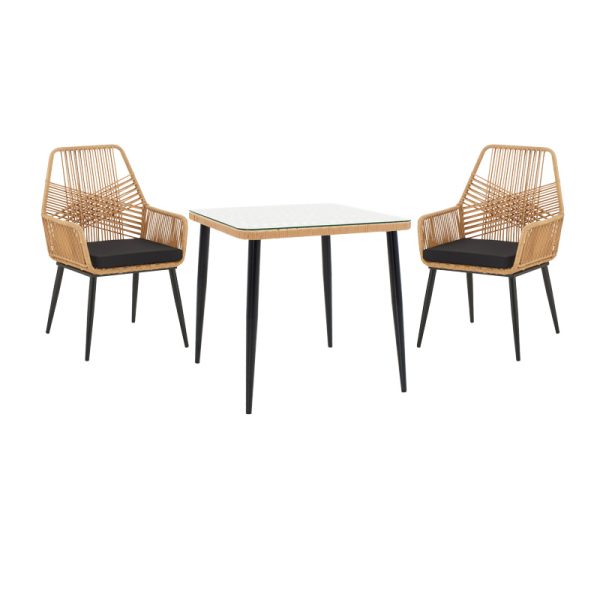 140 000068 Naoki-Tanish dining table set of 3 pcs pakoworld metal black-pe natural-glass 80x80x78cmOutdoor furniture > Garden food table