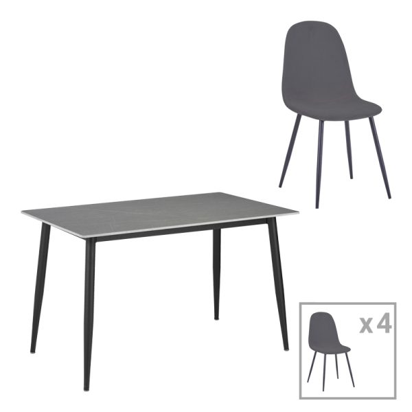 200 001061 Dining table Gustas-Bella B pakoworld set of 5 gray marble sintered stone-black metal 120x60x75cmIndoor furniture > Dinning sets