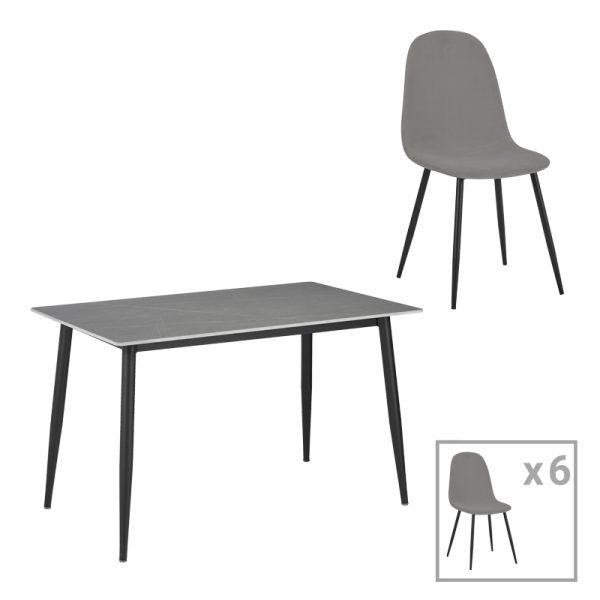 200 001066 Dining table Bella-Gustas pakoworld set of 7 grey velvet-grey marble sintered stone-black metal 160x85x75cmIndoor furniture > Dinning sets