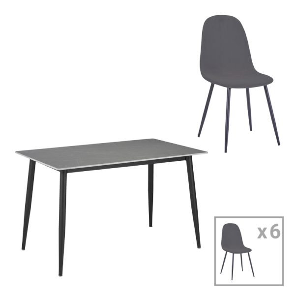 200 001067 Dining table Bella-Gustas pakoworld set of 7 grey velvet-grey marble sintered stone-black metal 160x85x75cmIndoor furniture > Dinning sets