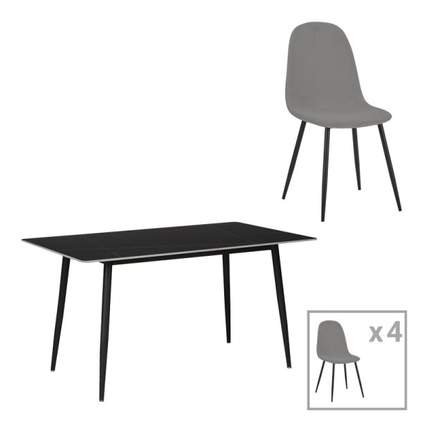 200 001074 Dining table Gustas-Bella pakoworld set of 5 pieces gray velvet with black sintered stone marble 120x60x75cmIndoor furniture > Dinning sets