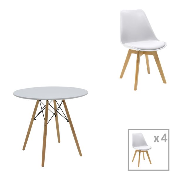 200 001242 Julita-Gaston dining table set of 5 pakoworld MDF and beech wood in white-natural shade D80x73cmIndoor furniture > Dinning sets