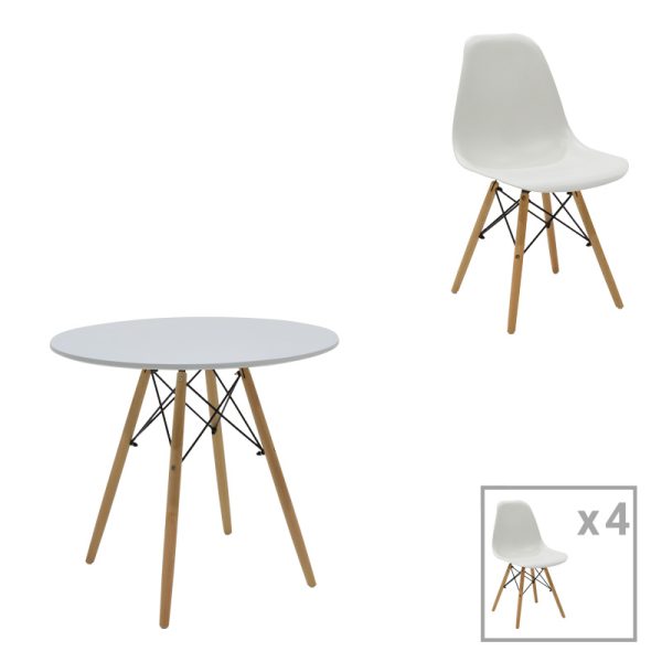 200 001246 Julita dining table set of 5 pakoworld MDF and beech wood in white-natural shade D80x73cmIndoor furniture > Dinning sets