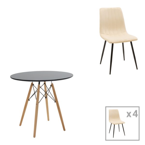 200 001272 Julita-Noor pakoworld dining table set of 5 pcs MDF black-beige-natural Φ80x73cmIndoor furniture > Dinning sets