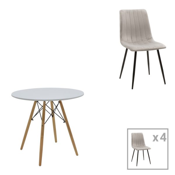 200 001281 Dining table Julita-Noor pakoworld set of 5 pcs MDF white-grey-natural legs D80x76cmIndoor furniture > Dinning sets