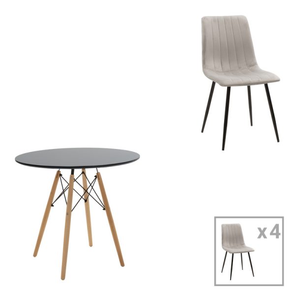 200 001282 Dining table Julita-Noor pakoworld set of 5 pcs MDF black-grey-natural legs D80x76cmIndoor furniture > Dinning sets