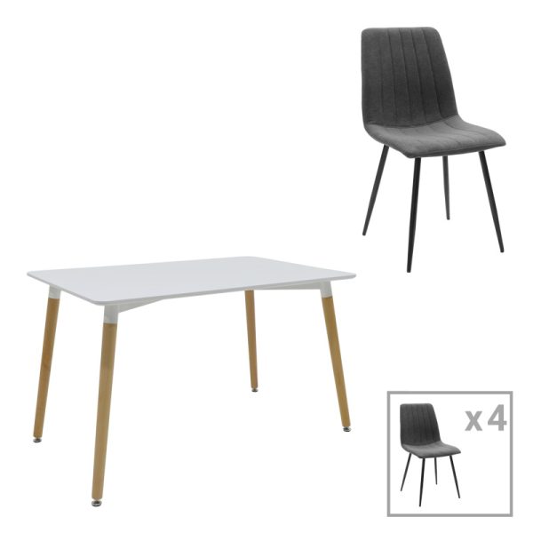 200 001289 Dining table Natali-Noor pakoworld set of 5 pcs MDF white-dark grey-natural legs 120x80x76cm