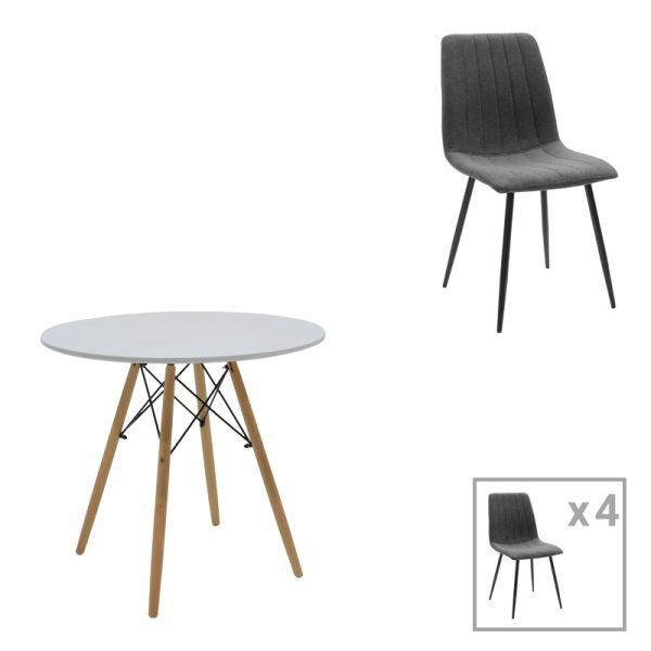 200 001291 Dining table Julita-Noor pakoworld set of 5 pcs MDF white-dark grey-natural legs D80x73cm