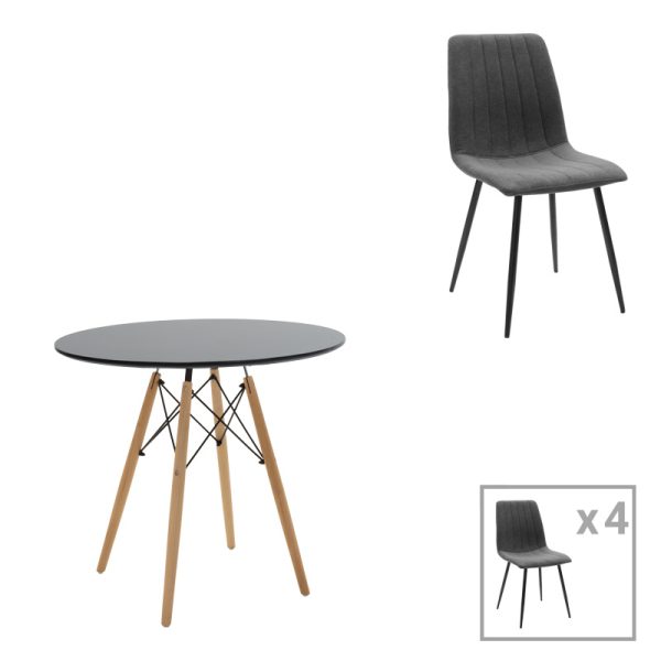 200 001292 Dining table Julita-Noor pakoworld set of 5 pcs MDF black-dark grey-natural legs D80x73cm