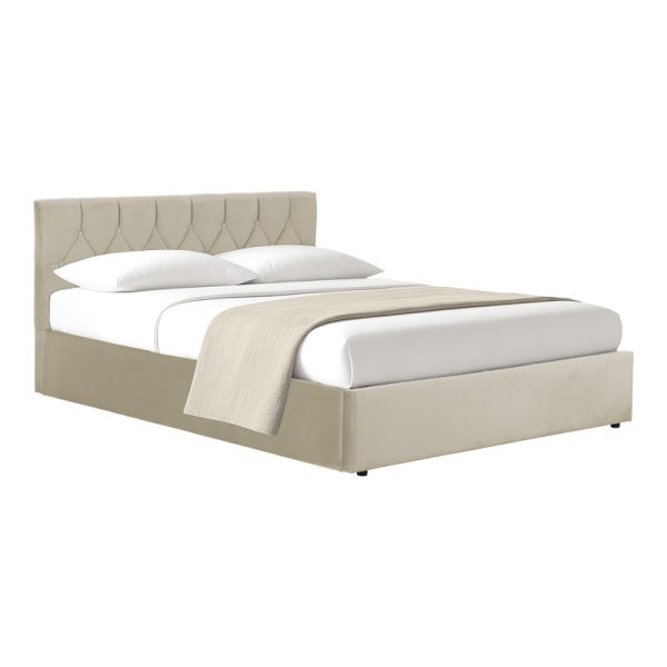 234 000019 Kamaho pakoworld double bed, velvet, cream, with storage space, 160x200cmIndoor furniture > Beds