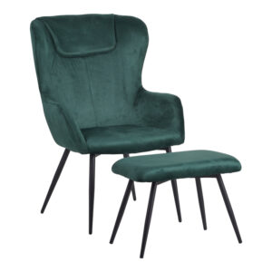 096 000041 Armchair with footstool Rueda Argos The Classic velvet in dark green shade with black metal legs 71.5x66.5x99cm