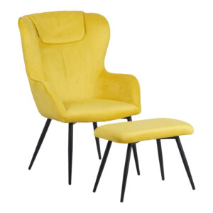 096 000042 Armchair with footstool Rueda Argos The Classic velvet in yellow shade with black metal legs 71.5x66.5x99cm