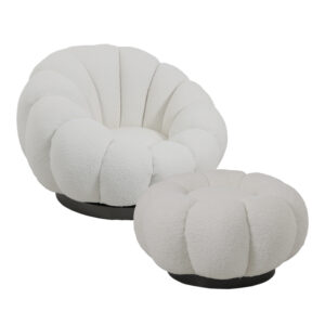Nester Argos The Classic swivel armchair with stool boucle fabric in white color 98x97x69cm