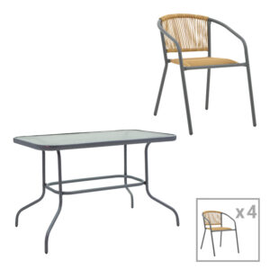 Dining table Valor-Lindaria Argos The Classic set of 5 pieces anthracite metal-glass-pe rattan in natural shade 110x60x70cm