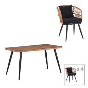 Naoki dining table set of 5 pieces Argos The Classic glass-pe rattan in natural shade with black legs 140x80x78cm