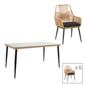 Dining table Naoki-Tanish set of 7 pieces Argos The Classic metal black-pe natural-glass 160x90x78cm
