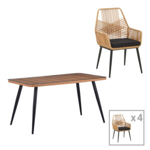 Naoki-Tanish dining set 5 pcs Argos The Classic glass-pe rattan in natural shade with black legs 140x80x78cm