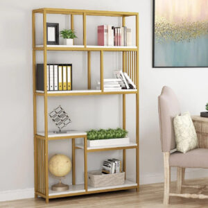 Denver Argos The Classic bookcase-shelf with gold metal frame and white marble finish 100x30x160cm