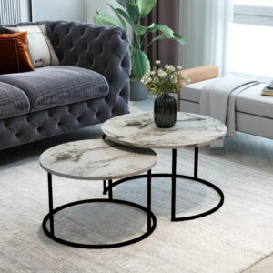 Solme Argos The Classic coffee tables 2pcs white marble look with black metal legs