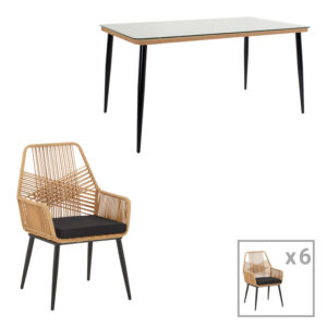 Naoki-Tanish Argos The Classic dining table set of 7 natural rattan-black metal-glass 160x90x78cm