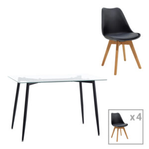 Quana-Gaston Argos The Classic dining table set of 5 pieces, 8mm transparent glass - black leg - black shade 120x70x75cm