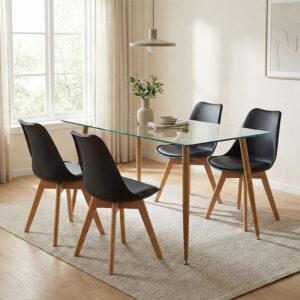 Chloe -Gaston Argos The Classic dining table set of 5 pieces, 8mm anthracite glass - natural leg 120x70x75cm