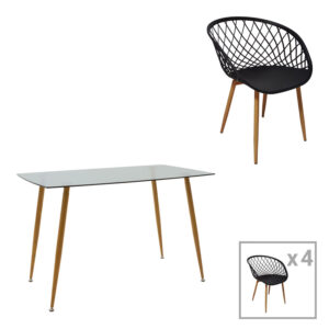 200 001208 Chloe-Ezra Argos The Classic dining table set of 5 pieces, 8mm anthracite glass - natural leg 120x70x75cm