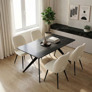 Dining Room with Renish White Chairs and Ezali Black Table 140x80x75cm Set of 5pcs