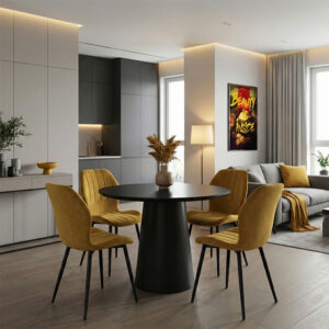 200 001587 Dining Room with Jelour Yellow Chairs and Donda Table Black Φ100x76 Set of 5pcs
