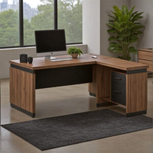 246 000016 1 Professional reversible desk Oscar Argos The Classic melamine in walnut-charcoal shade 220x185x76cm