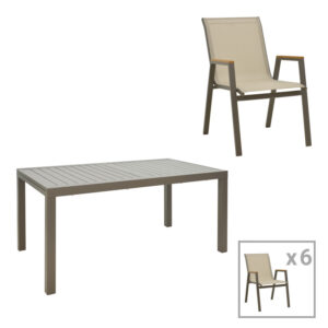 Lafla-Azelie dining table set of 7 Argos The Classic champagne aluminum and plywood in natural shade 160-240x90x75cm