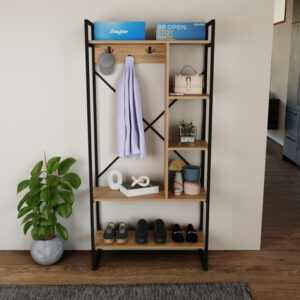 321 000120 2 Feranda Argos The Classic entance furniture with oak shelves and black metal frame 88x34x180cm