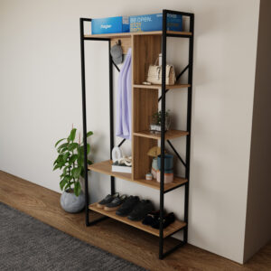 321 000120 3 Feranda Argos The Classic entance furniture with oak shelves and black metal frame 88x34x180cm