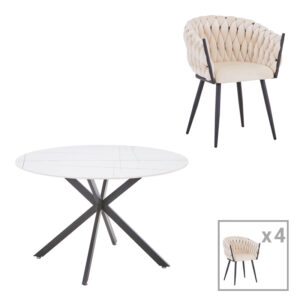 327 000054 Vivian-Stoyen Argos The Classic dining table 5 pcs beige velvet - white with black marble Φ120x75cm